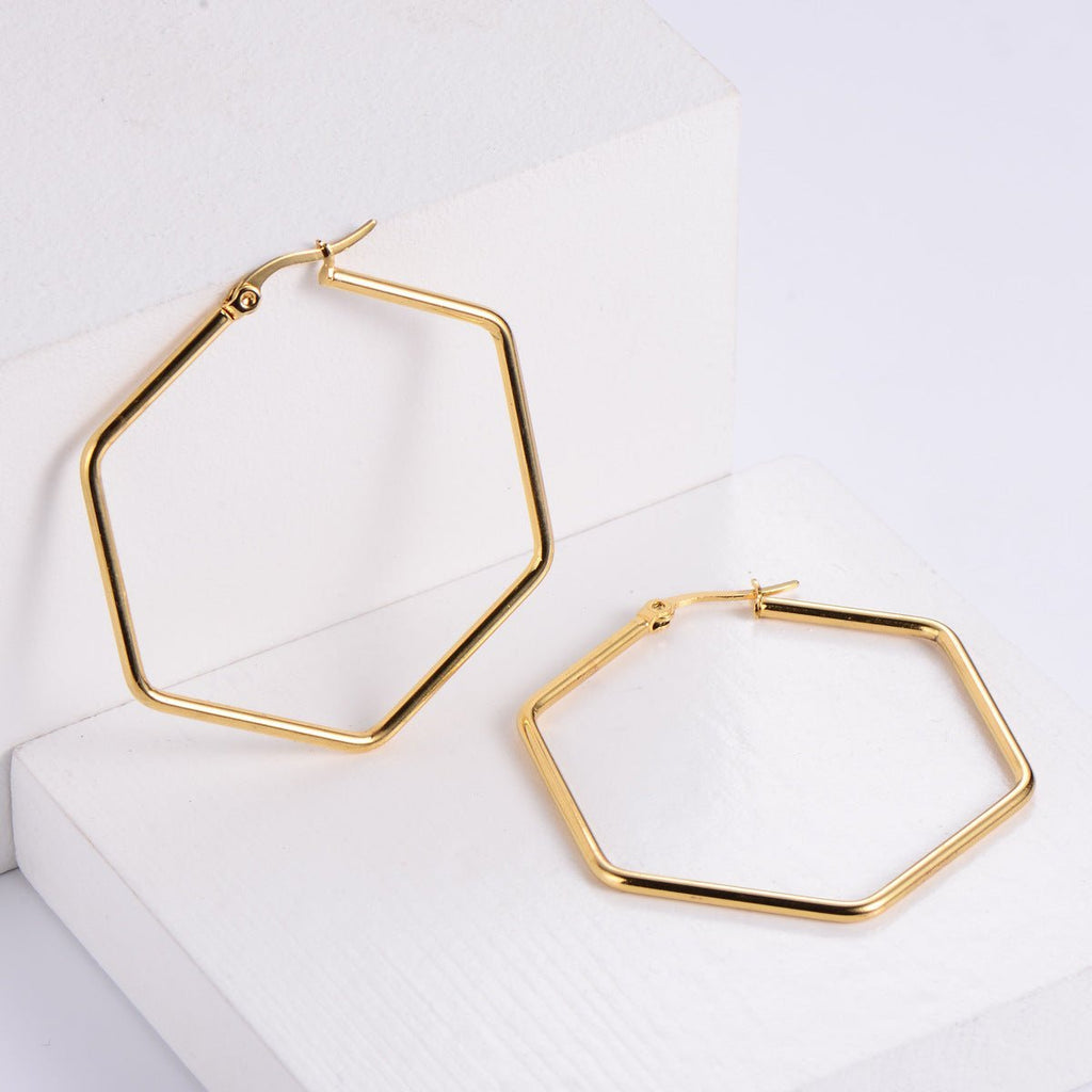 18K Gold Plated Hexagon Hoop Earrings For Women - Ornaments Co - 33*33mm