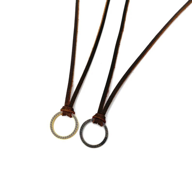Leather Men Ring Pendant Necklace With Adjustable Rope - Ornaments Co - Gold