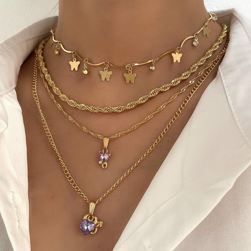 Multi - layer Butterfly Heart Crystal Pendant Twisted Gold Chain Necklace - Ornaments Co - 