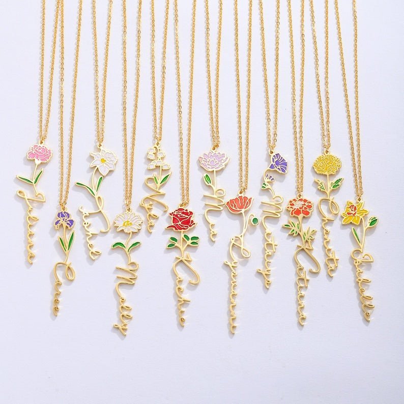 Personalized Birth Name Floral Necklace - Ornaments Co - 18K Gold Plated
