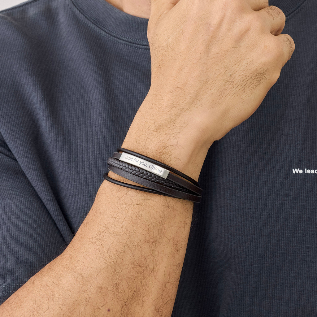 Personalized Engraved Men's Black Braided Leather Bracelet - Ornaments Co - 7.5 inches
