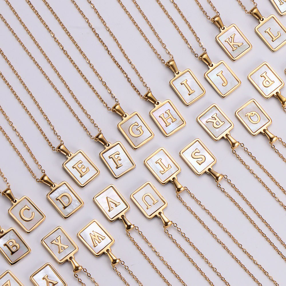 Shell Rectangular Shape 18K Gold Plated Letter Pendant Necklace - Ornaments Co - A